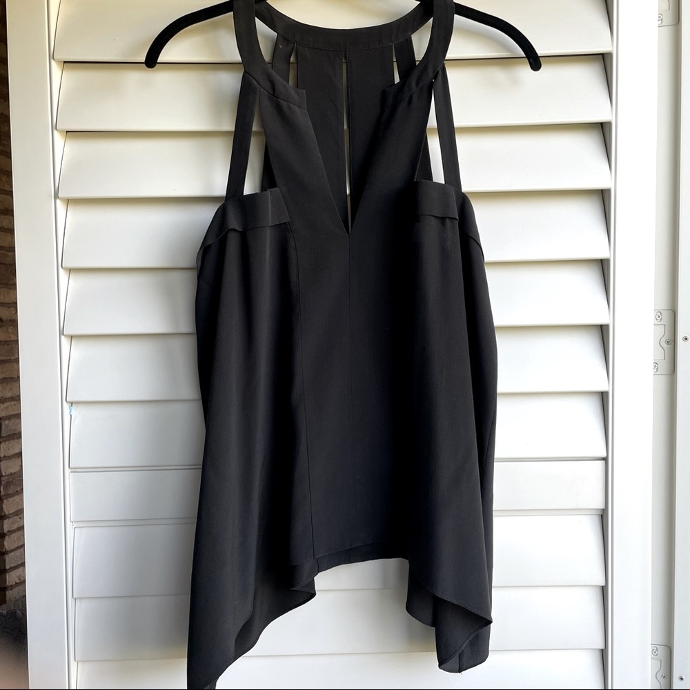BCBG black silk V neck cut out top